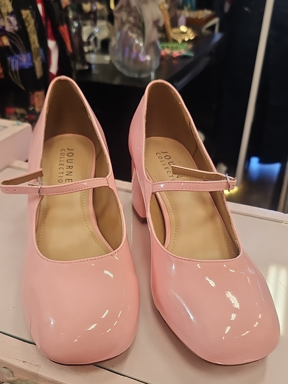 Journee Collection Glossy Light Pink Mary Jane Block Heels